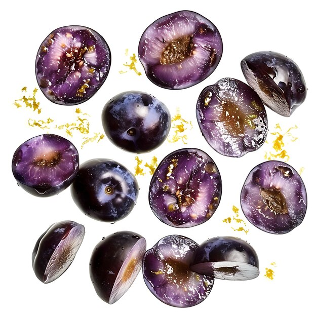 un groupe de prunes violettes et noires avec le mot " beets " sur elles