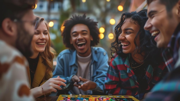 Photo un groupe de quatre amis divers jouent ensemble à un jeu de société.