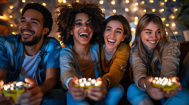 Un groupe de quatre amis divers sont assis sur un canapé dans une chambre de dortoir ou un appartement Ils sont tous en train de sourire et de rire tout en jouant à des jeux vidéo