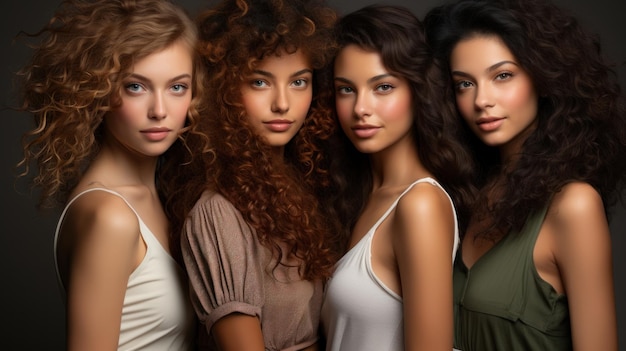 Photo groupe de quatre belles jeunes femmes aux longs cheveux bouclés studio shot