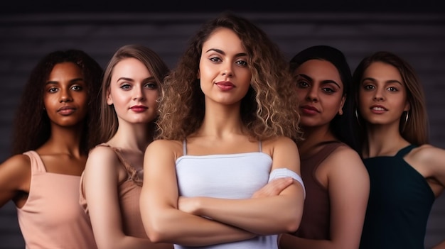 Groupe de quatre belles jeunes femmes debout avec les bras croisés et regardant la caméra Generative AI