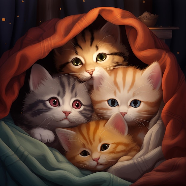 Groupe de quatre chatons mignons sous une couverture rouge Potrait