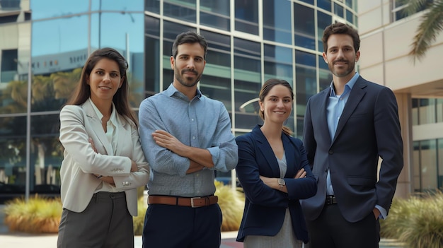 Un groupe de quatre professionnels d'affaires se tiennent ensemble et sourient à la caméra Ils portent tous une tenue d'affaires formelle