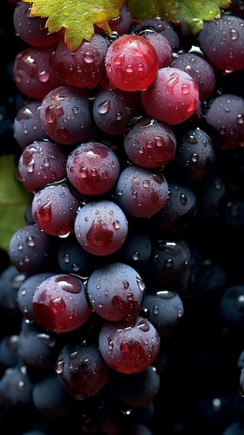 Groupe de raisins Pinot Noir avec des gouttes d'eau sur un fond sombre Generative AI