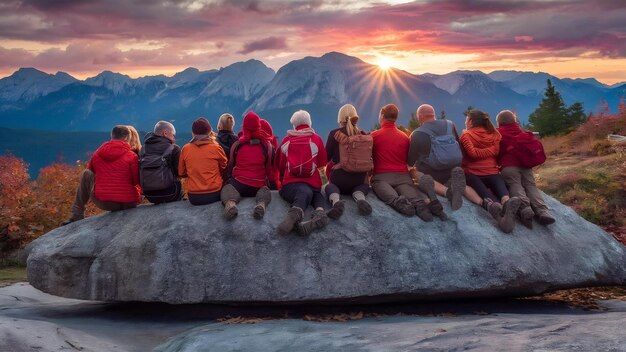 Un groupe de randonneurs assis sur une roche