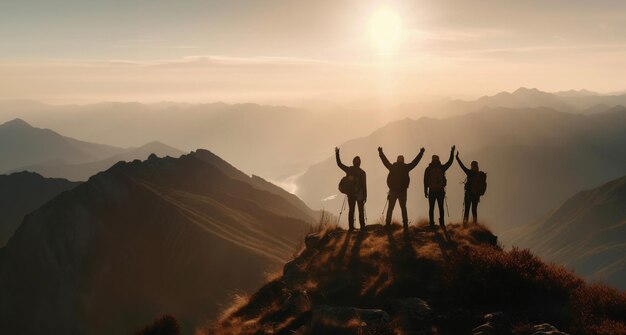 Groupe de randonneurs avec les bras levés au sommet de la montagne au coucher du soleil IA générative