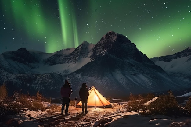 Un groupe de randonneurs campe à l'intérieur avec les aurores boréales au-dessus de la montagne