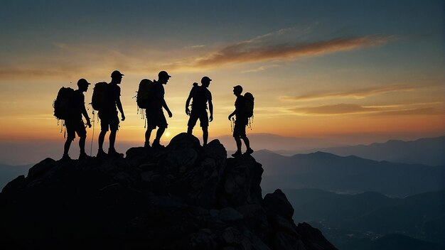 Un groupe de randonneurs célèbre au sommet d'une montagne.