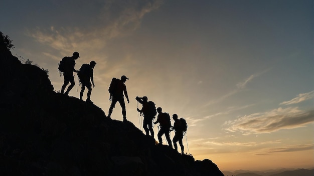 Un groupe de randonneurs célèbre au sommet d'une montagne.