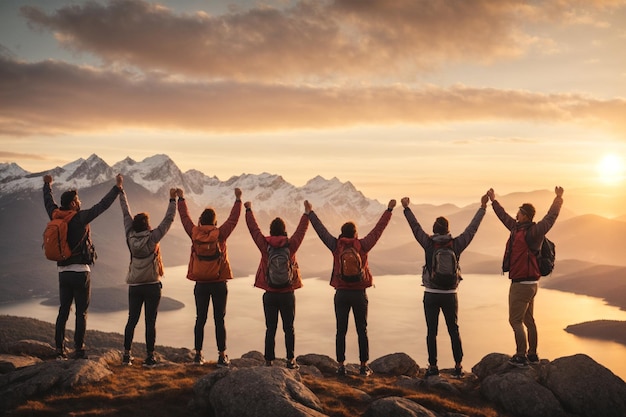 Un groupe de randonneurs avec les mains levées au sommet de la montagne au coucher du soleil