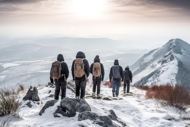 Groupe de randonneurs marchant sur un sentier couvert de neige dans les montagnes Generative AI