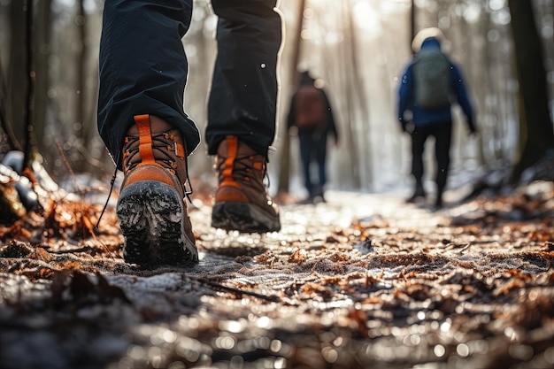 Un groupe de randonneurs marche le long d'un sentier de forêt d'hiver voyageant en petit groupe