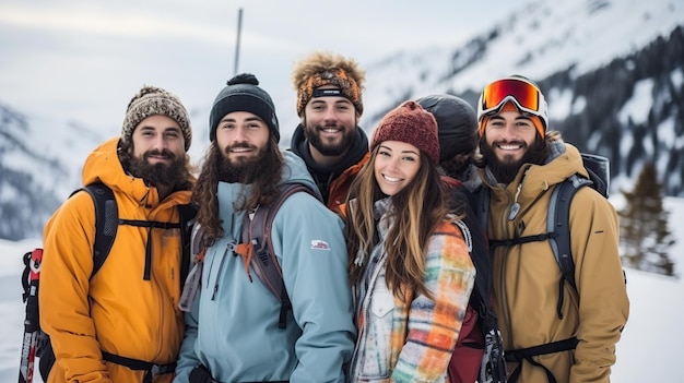 Groupe de randonneurs prenant un selfie sur la montagne en hiver IA générative