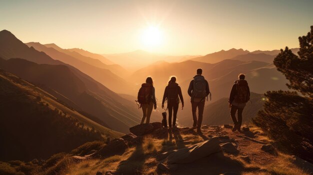 Un groupe de randonneurs avec des sacs à dos marche sur l'arrière-plan du paysage de montagne