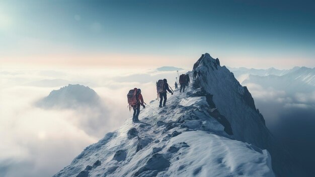 Un groupe de randonneurs sur un sentier de montagne au coucher du soleil avec des sommets majestueux en arrière-plan