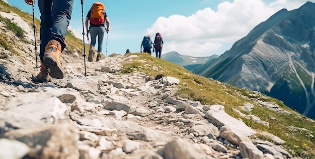 Groupe de randonneurs trekking ou randonnées dans les montagnes par une belle journée ensoleillée Concept de voyage randonnée et sports de montagne ai générative