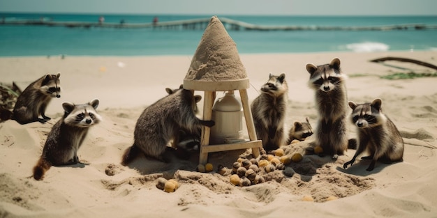 Un groupe de ratons laveurs assis au sommet d'une image ai générative de plage de sable