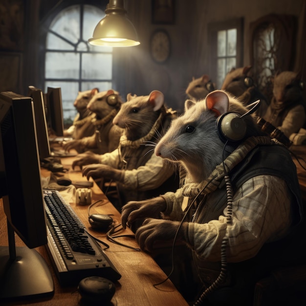 un groupe de rats assis à un bureau avec des ordinateurs