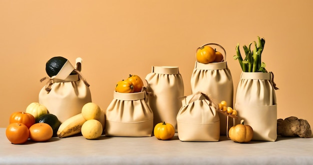 Un groupe de remèdes naturels avec des sachets d'herbes fruits et légumes