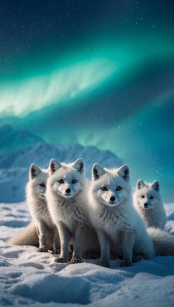 Un groupe de renards arctiques enjoués dans un paysage enneigé avec les aurores boréales éclairant le ciel