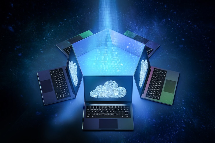 Photo le groupe de rendu 3d d'ordinateurs portables se connecte à la technologie cloud