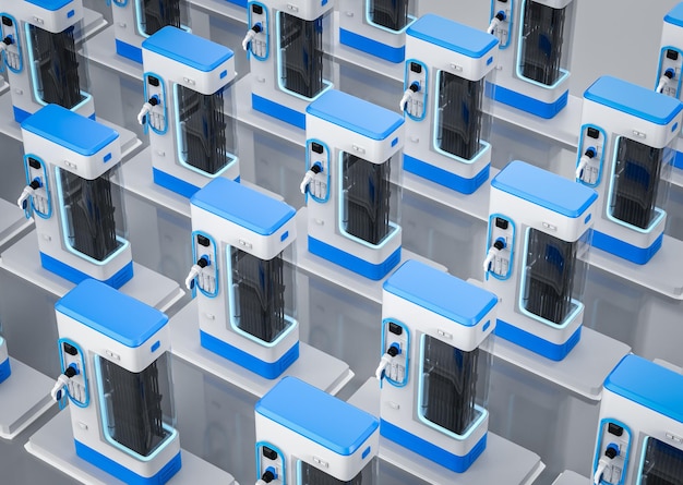 groupe de rendu 3d de stations de charge de véhicules électriques ou de stations de recharge de véhicules électrique en rangée