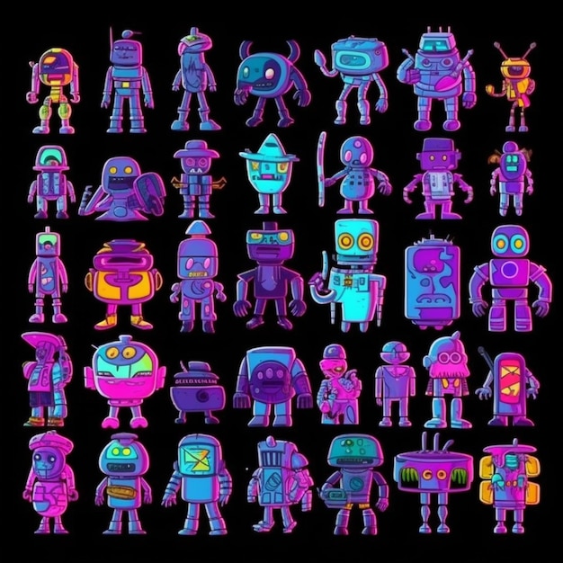 Photo un groupe de robots de dessins animés de différentes couleurs et tailles