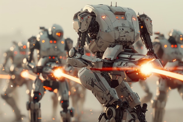 Un groupe de robots sont en bataille avec l'un d'eux tenant une arme.