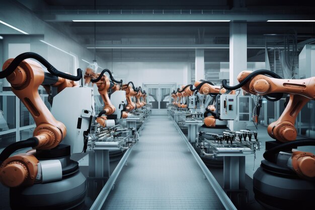 Groupe de robots travaillant ensemble dans une usine Generative AI