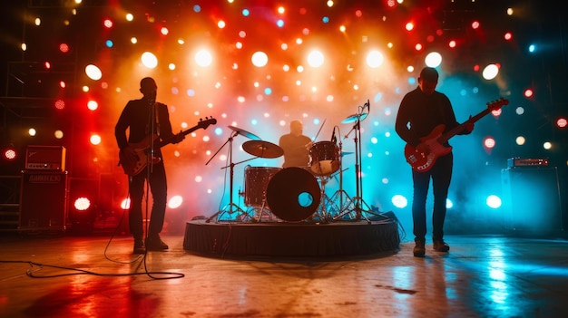 Un groupe de rock se produit en direct sur scène avec des lumières colorées