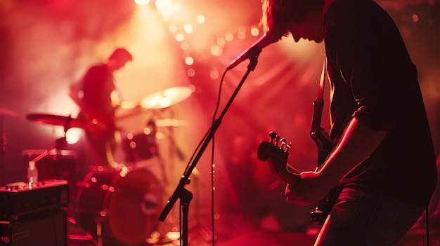 Photo un groupe de rock se produit sur une scène. le chanteur est au premier plan et chante dans un microphone.