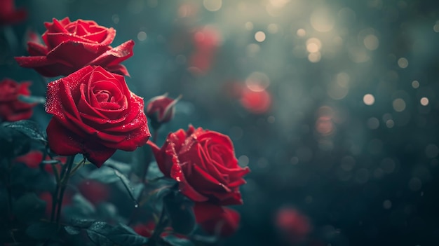 Un groupe de roses rouges sur un champ vert et luxuriant