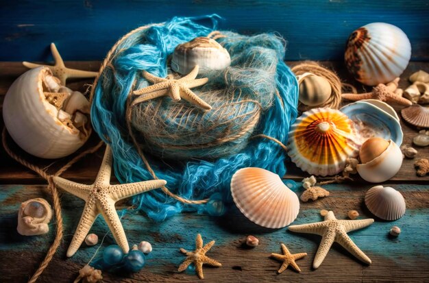 Photo un groupe de sable et de corde de coquillages sur un fond en bois bleu