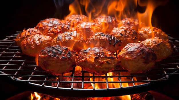 Un groupe de saucisses sont grillées sur une grille sur une flamme ouverte