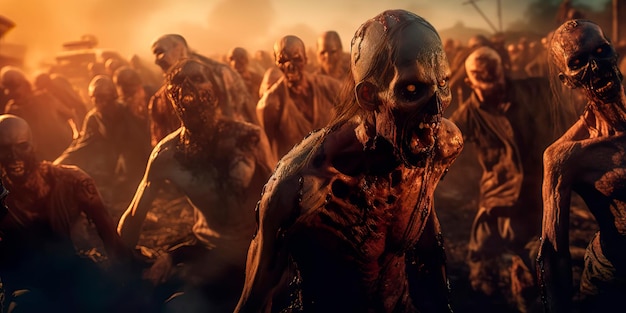 Groupe de scène fantastique de zombie marchant concept d'Halloween