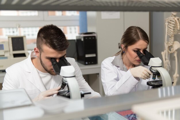 Groupe de scientifiques regardant dans un microscope