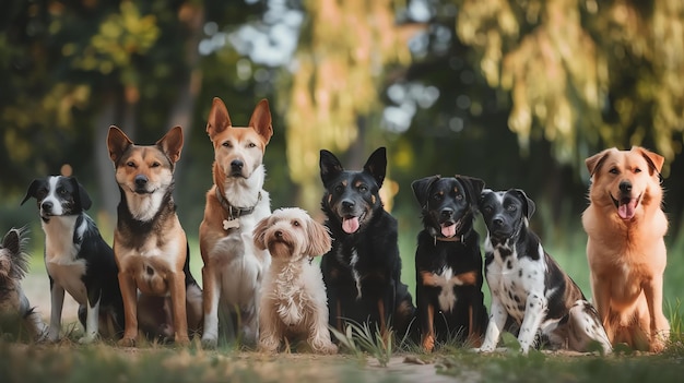 Un groupe de sept chiens de races différentes assis dans une rangée sur l'herbe devant un fond flou d'arbres