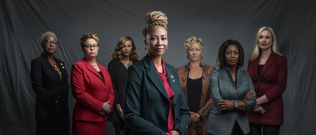 Un groupe de sept femmes de couleur, toutes en costume, se tiennent ensemble et regardent la caméra.