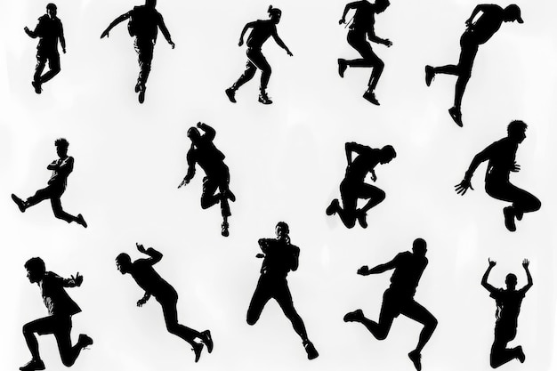 Groupe de silhouettes de course et de saut adaptées aux concepts de sport ou de travail d'équipe