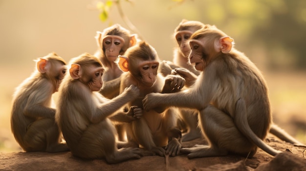 Photo un groupe de singes perchés au sommet d'un grand rocher, au soleil, observent leur environnement.