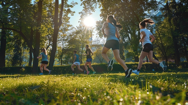 Photo un groupe de six jeunes femmes courent dans un parc. elles portent toutes des vêtements d'athlétisme et des chaussures de course.