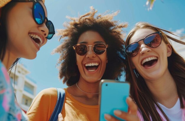 Photo groupe de smartphones et d'amis regardant une vidéo d'appel ou des clips internet postés sur les réseaux sociaux amusants