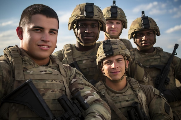 Groupe de soldats de l'armée américaine sur des soldats avec des armes posent pour des photos d'hommes en uniforme moderne Portrait d'un groupe de militaires générés par Ai