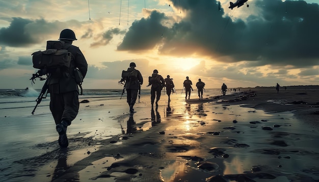 Un groupe de soldats courent sur une plage.