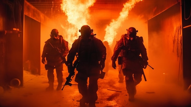 Un groupe de soldats court vers le feu.