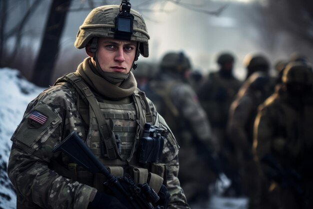 Un groupe de soldats dans la forêt en hiver.