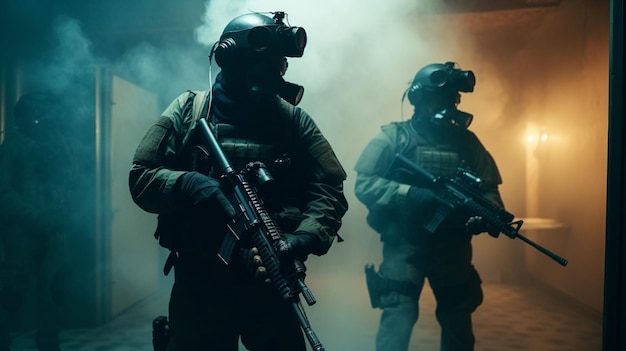 Un groupe de soldats dans une pièce sombre avec l'un d'eux portant un casque et l'autre portant un masque.