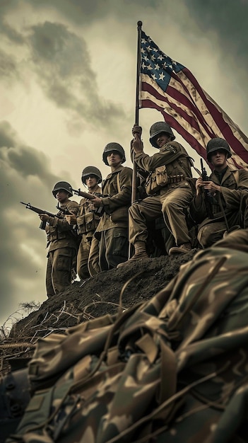 un groupe de soldats avec un drapeau américain en arrière-plan