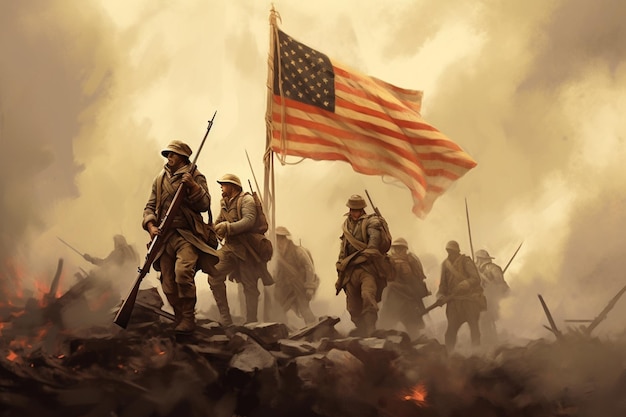 Un groupe de soldats avec un drapeau en arrière-plan