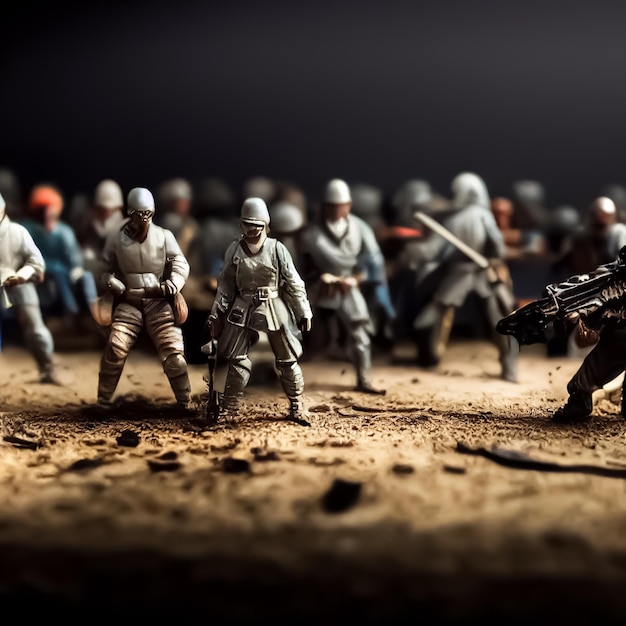 Photo un groupe de soldats fait la queue, l'un d'eux pointant une arme.